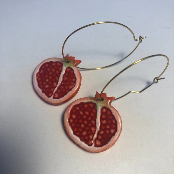 Red Pomegranate Hoop Earrings with Gold Hoops (Made with Polymer Clay & Resin) - Picture 6 of 12